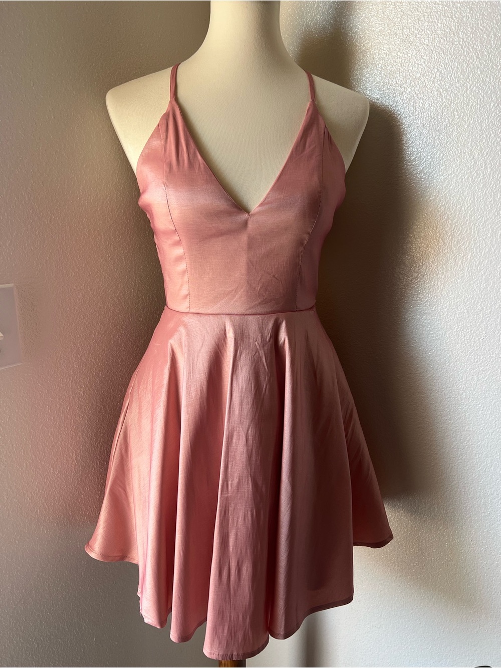 V-Neck Pink Satin Mini Dress with Adjustable Spaghetti Straps and Crochet Back